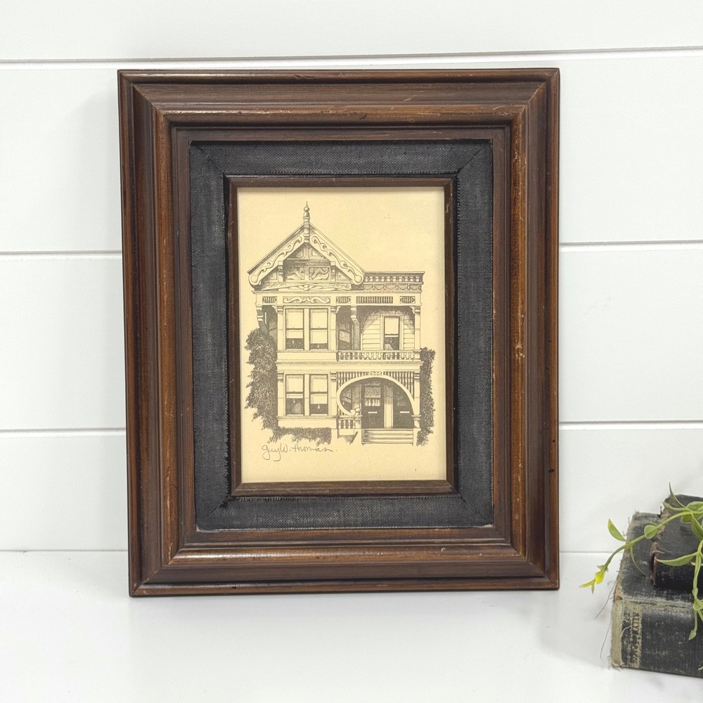 Vtg Print Guy W Thomas Victorian House Pen & Ink Framed Architectural Art 10x12